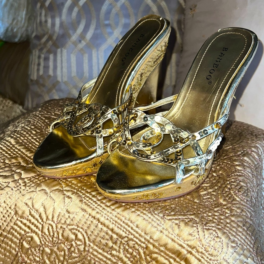Gold sequined and fabric wedges by Bamboo